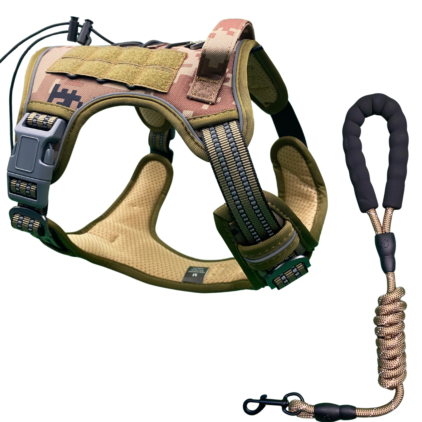 [2 in 1] Tactical Dog Vest Harness with Adjustable D-Ring, along with Heavy Duty Padded Reflective Leash for Small to Large Dogs