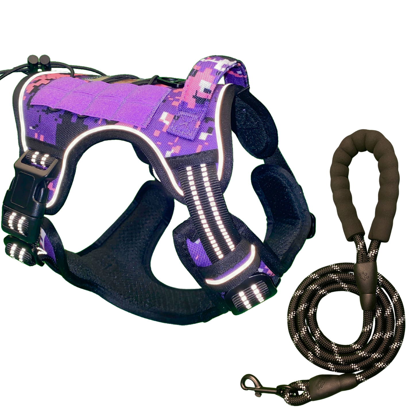[2 in 1] Tactical Dog Vest Harness with Adjustable D-Ring, Along with Heavy Duty Padded Reflective Leash for Small to Medium Dogs (Purple Camouflage, Large)