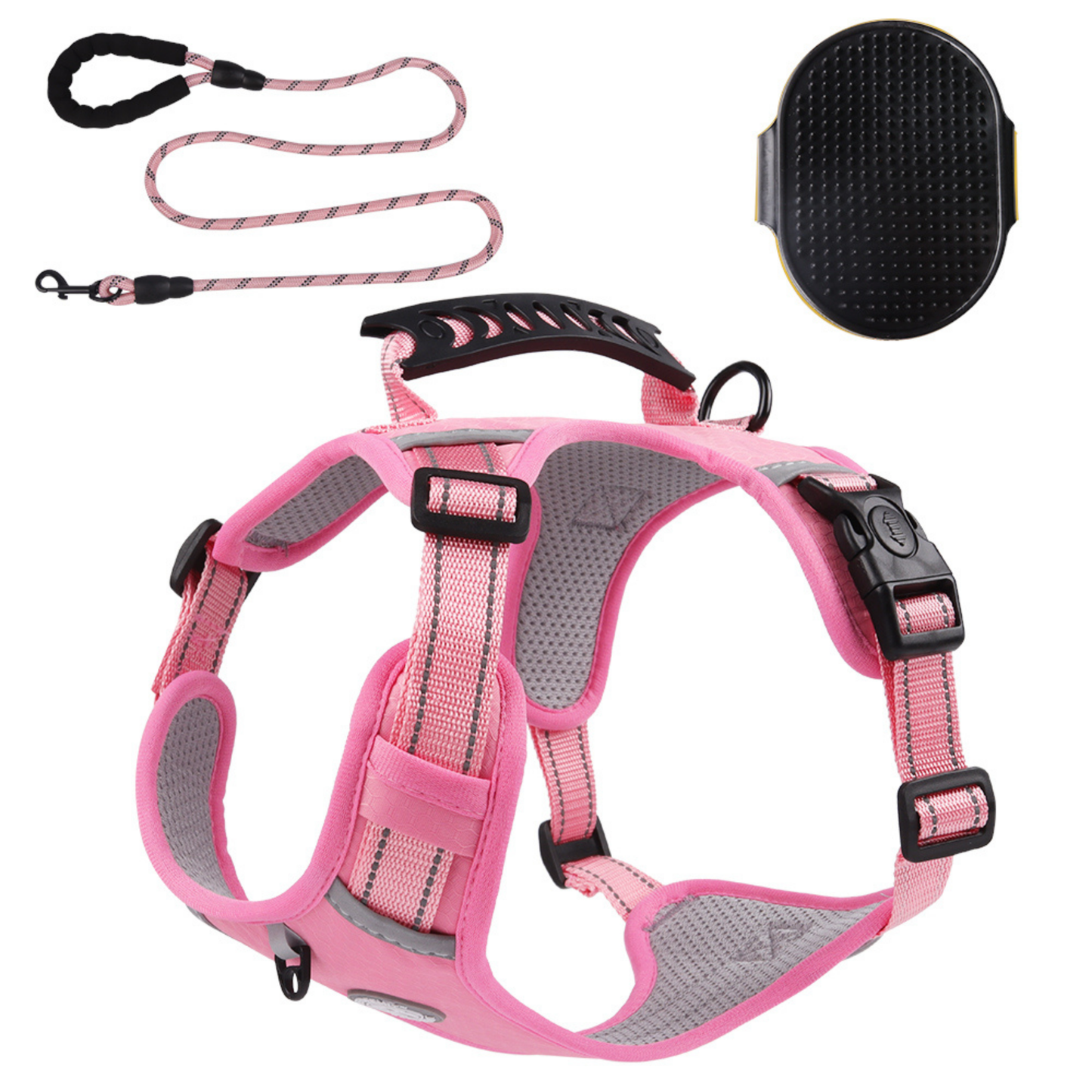 [3 in 1] Heavy Duty Dog Harness, No-Pull Reflective Tough Trim Harness for Small, Medium & Large Dogs - Military Grade Nylon, 2 Leash Clips & Handle with Padded Leash and Brush