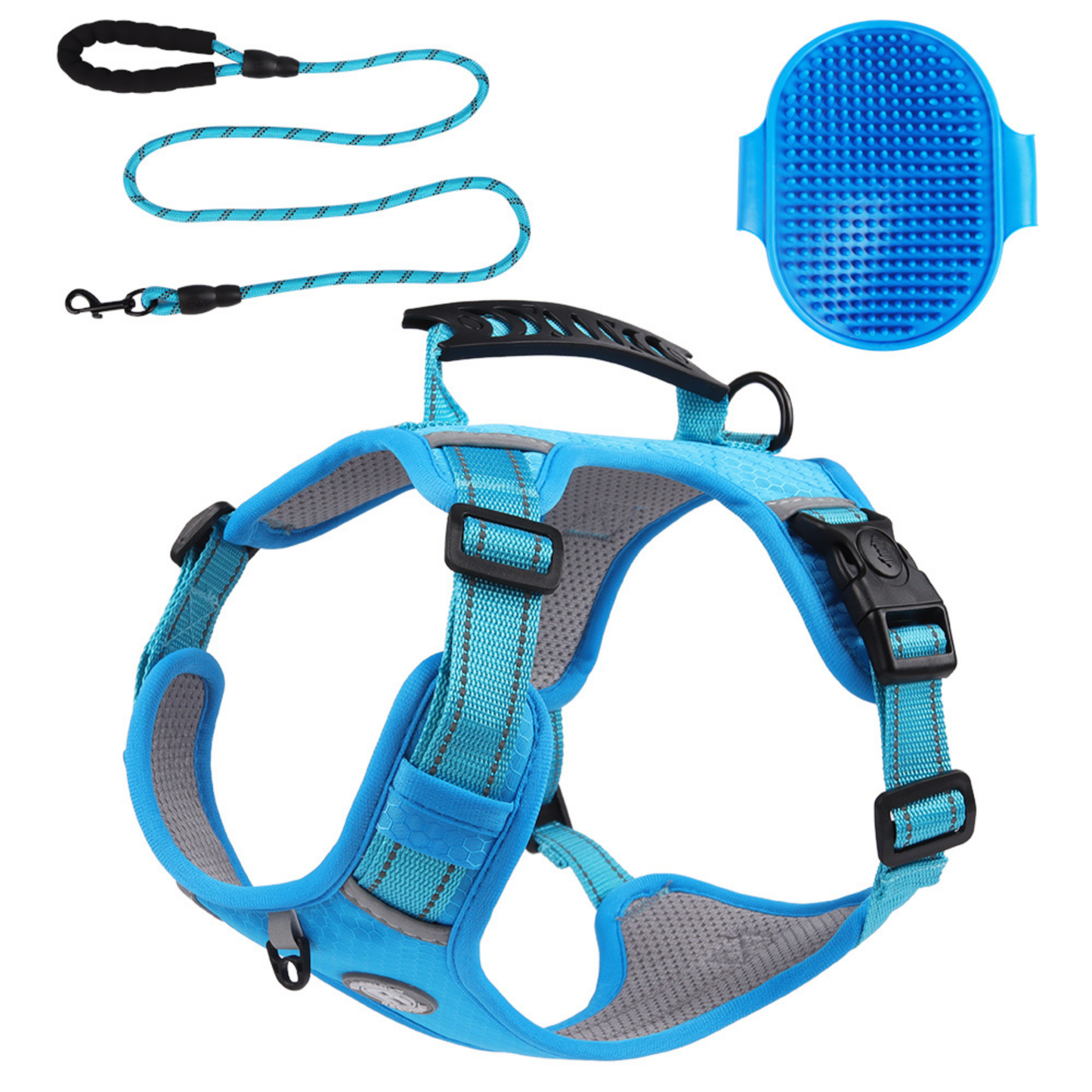 [3 in 1] Heavy Duty Dog Harness, No-Pull Reflective Tough Trim Harness for Small, Medium & Large Dogs - Military Grade Nylon, 2 Leash Clips & Handle with Padded Leash and Brush