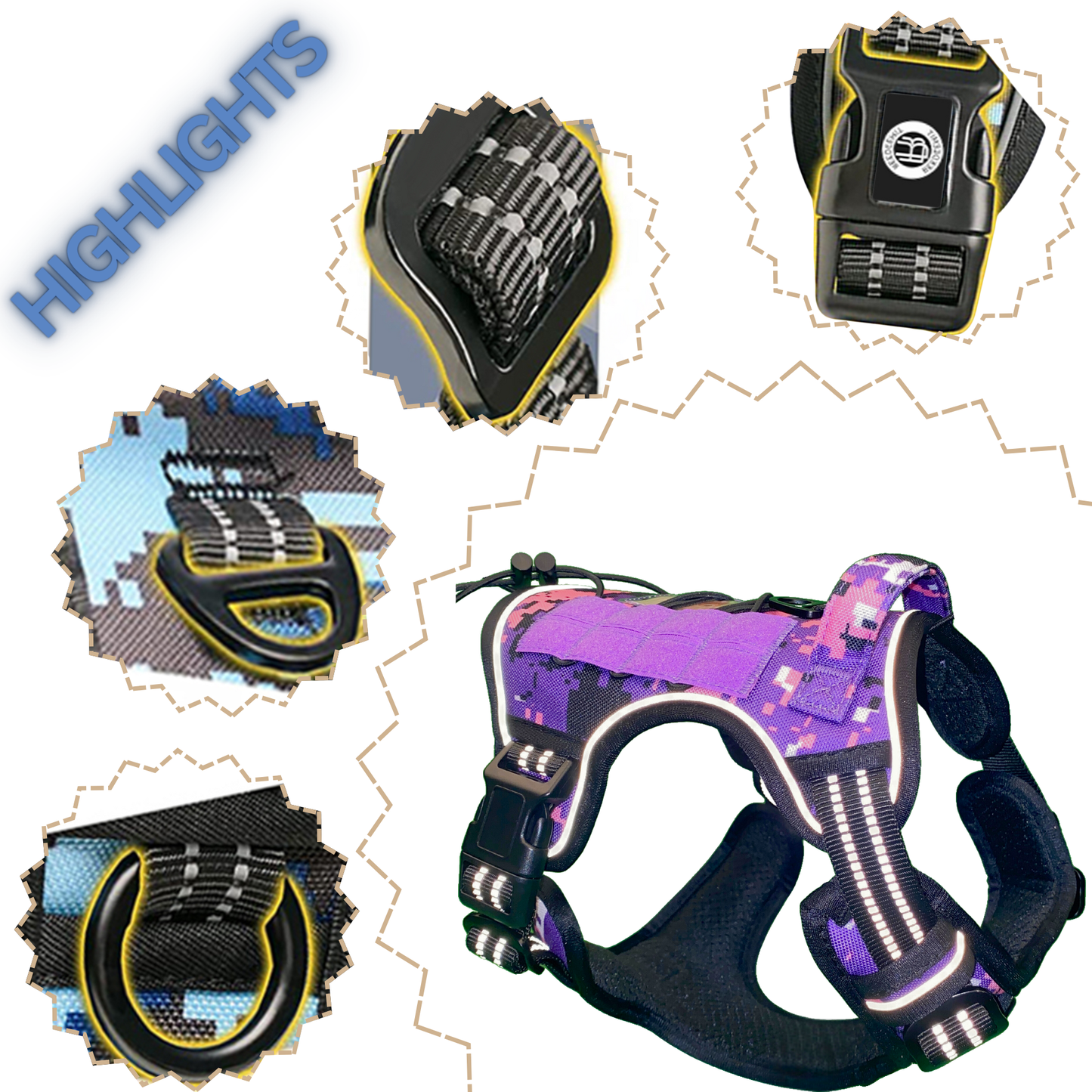 [2 in 1] Tactical Dog Vest Harness with Adjustable D-Ring, Along with Heavy Duty Padded Reflective Leash for Small to Medium Dogs (Purple Camouflage, Large)