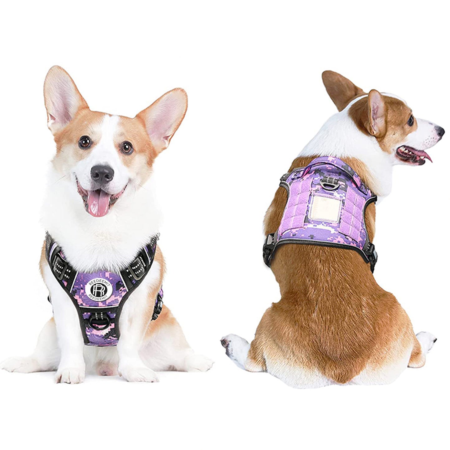 [2 in 1] Tactical Dog Vest Harness with Adjustable D-Ring, Along with Heavy Duty Padded Reflective Leash for Small to Medium Dogs (Purple Camouflage, Large)