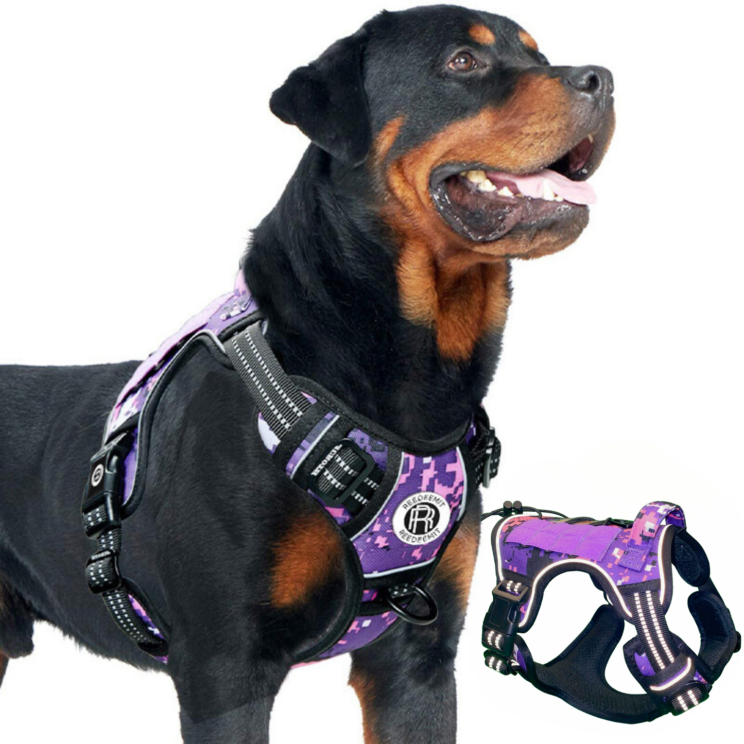 [2 in 1] Tactical Dog Vest Harness with Adjustable D-Ring, Along with Heavy Duty Padded Reflective Leash for Small to Medium Dogs (Purple Camouflage, Large)