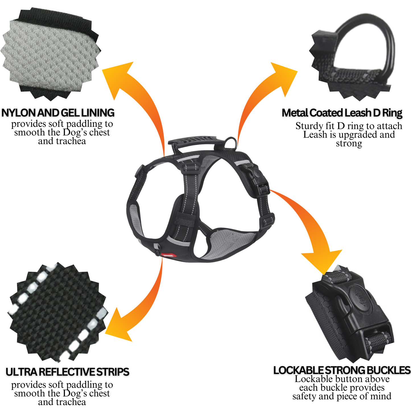 [3 in 1] Heavy Duty Dog Harness, No-Pull Reflective Tough Trim Harness for Small, Medium & Large Dogs - Military Grade Nylon, 2 Leash Clips & Handle with Padded Leash and Brush