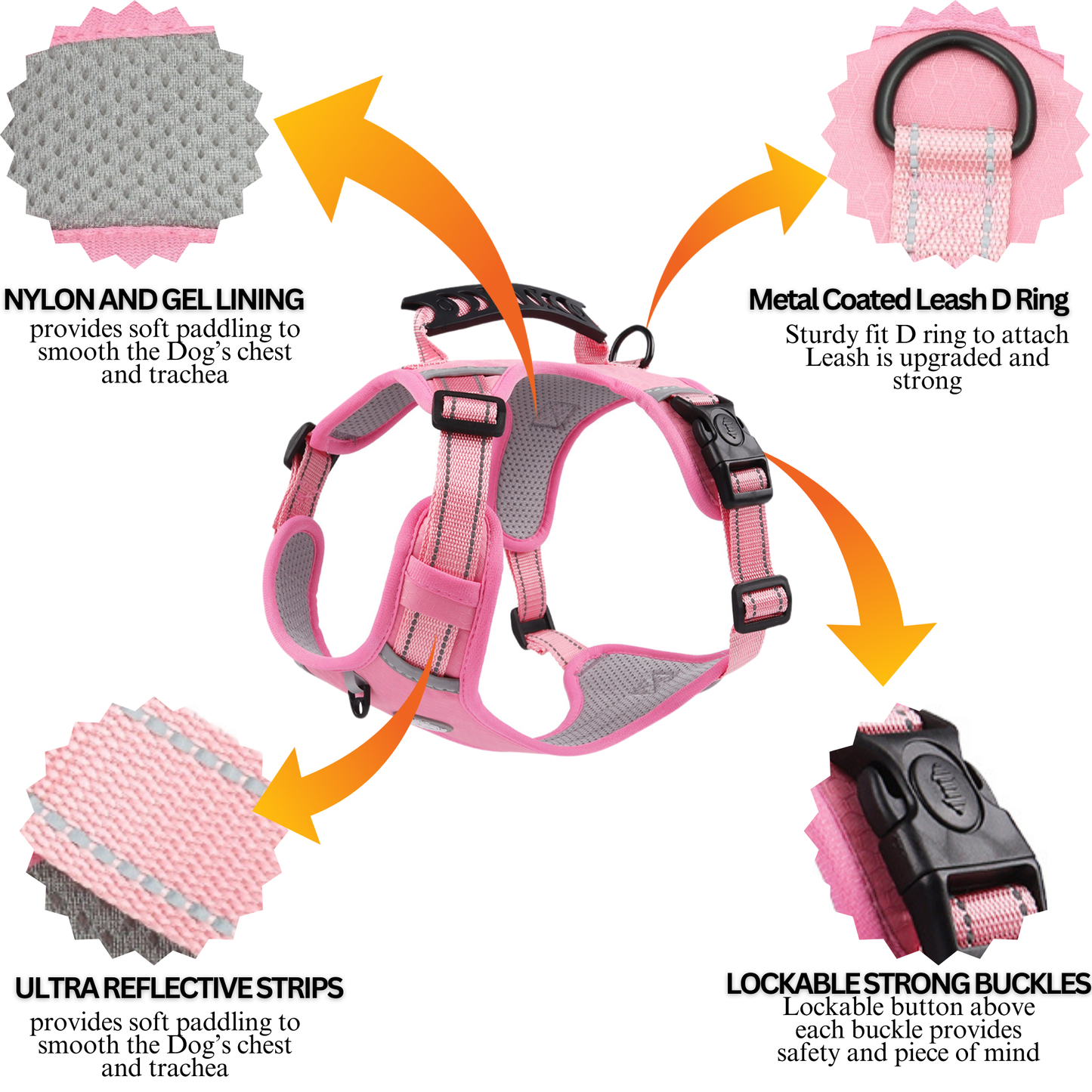 [3 in 1] Heavy Duty Dog Harness, No-Pull Reflective Tough Trim Harness for Small, Medium & Large Dogs - Military Grade Nylon, 2 Leash Clips & Handle with Padded Leash and Brush
