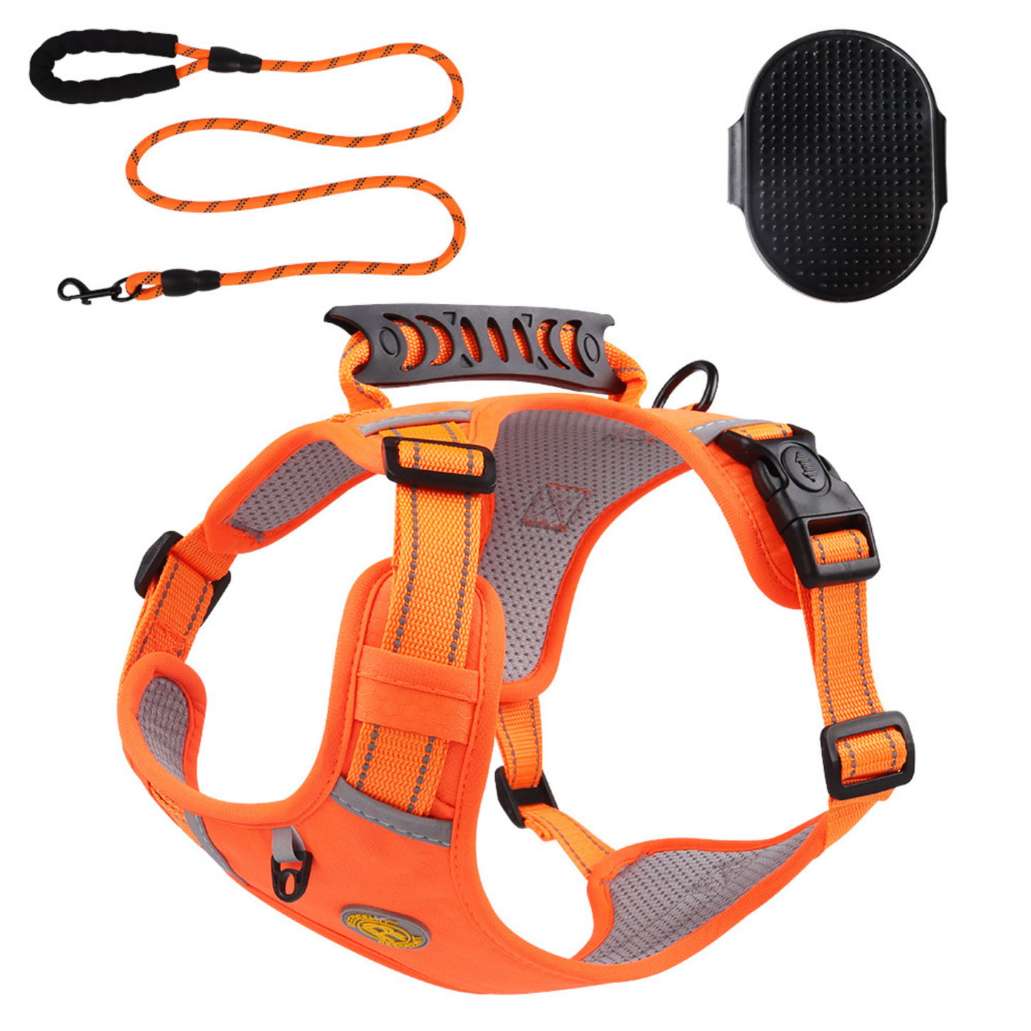 [3 in 1] Heavy Duty Dog Harness, No-Pull Reflective Tough Trim Harness for Small, Medium & Large Dogs - Military Grade Nylon, 2 Leash Clips & Handle with Padded Leash and Brush