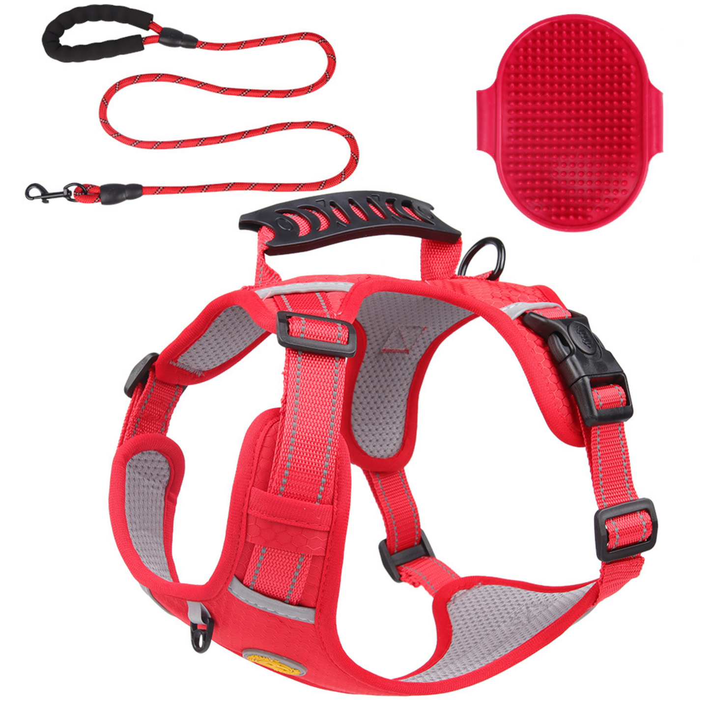 [3 in 1] Heavy Duty Dog Harness, No-Pull Reflective Tough Trim Harness for Small, Medium & Large Dogs - Military Grade Nylon, 2 Leash Clips & Handle with Padded Leash and Brush