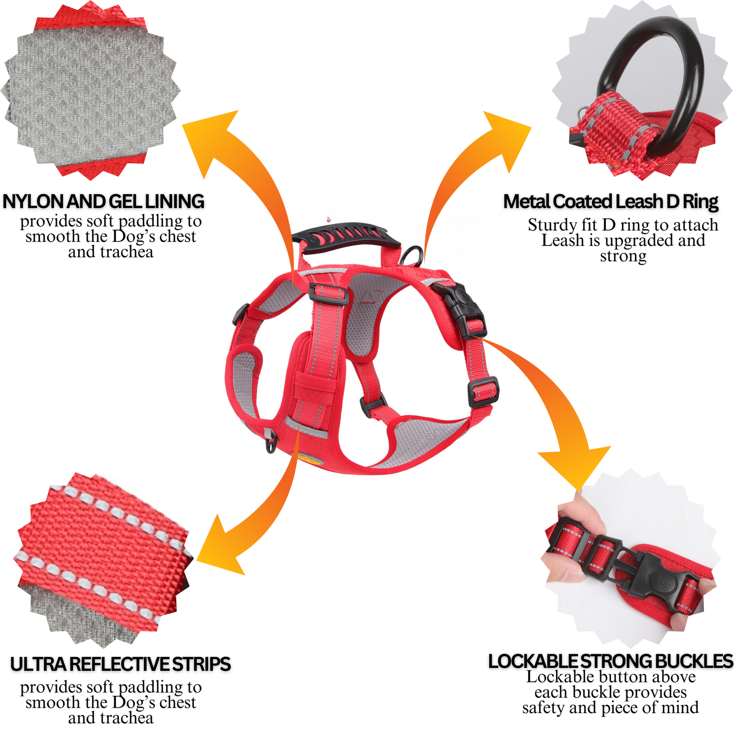 [3 in 1] Heavy Duty Dog Harness, No-Pull Reflective Tough Trim Harness for Small, Medium & Large Dogs - Military Grade Nylon, 2 Leash Clips & Handle with Padded Leash and Brush
