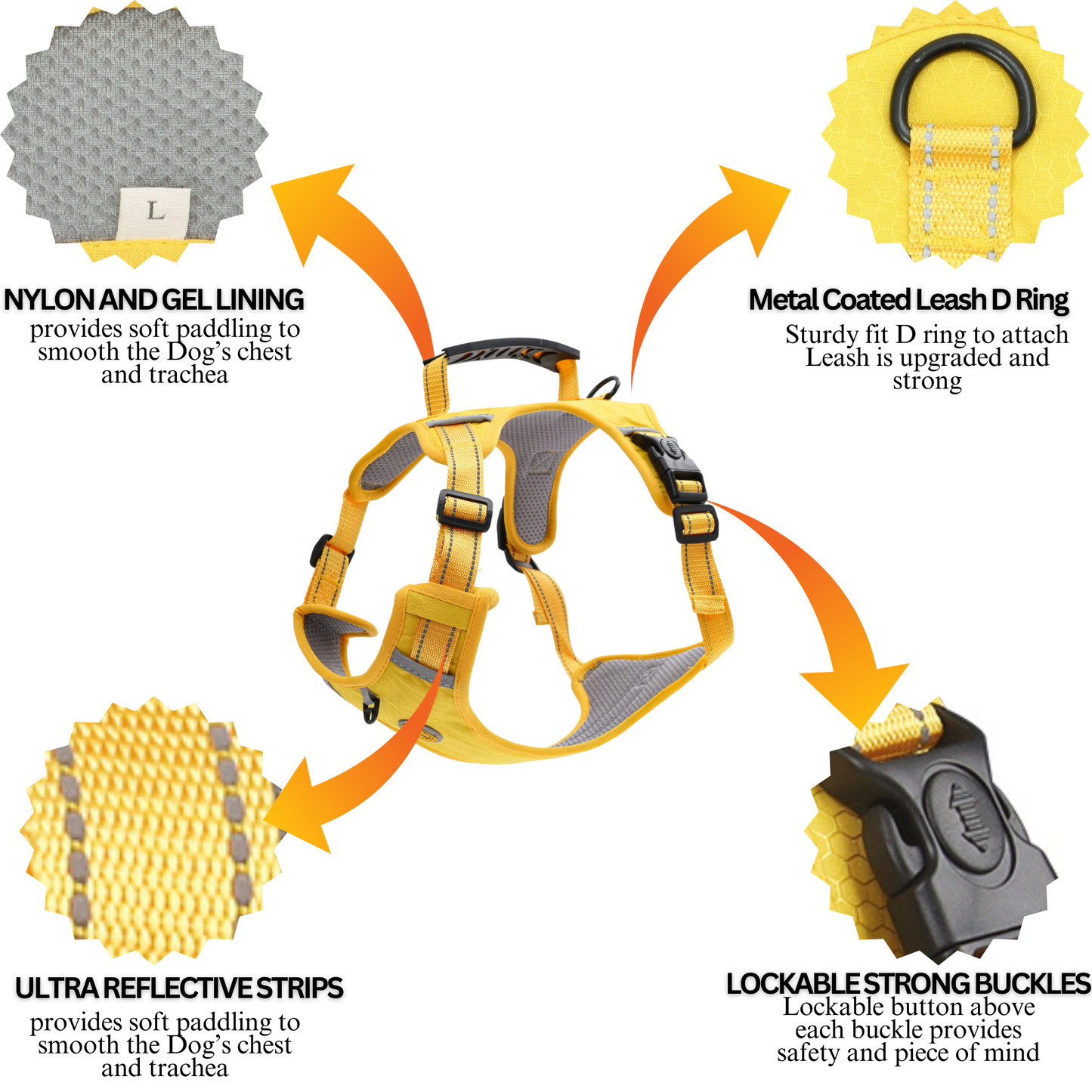 [3 in 1] Heavy Duty Dog Harness, No-Pull Reflective Tough Trim Harness for Small, Medium & Large Dogs - Military Grade Nylon, 2 Leash Clips & Handle with Padded Leash and Brush