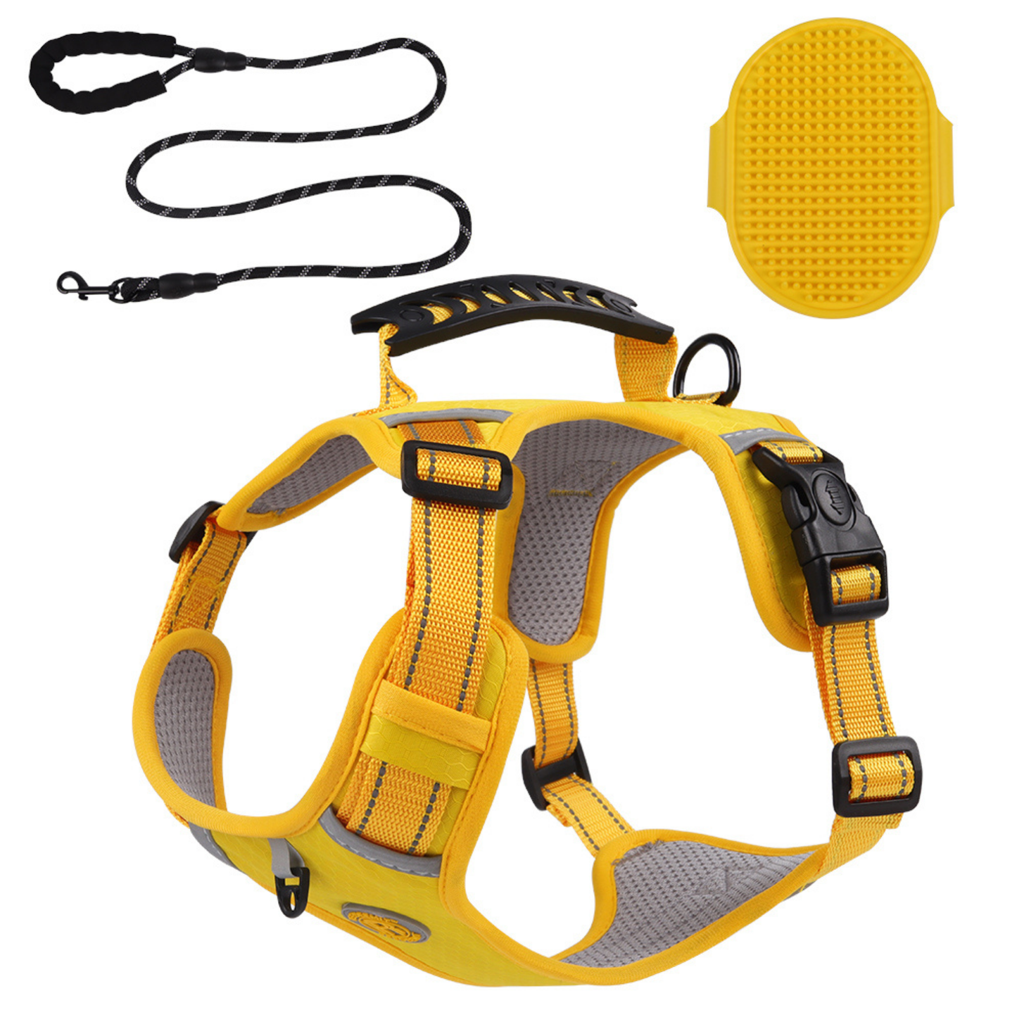[3 in 1] Heavy Duty Dog Harness, No-Pull Reflective Tough Trim Harness for Small, Medium & Large Dogs - Military Grade Nylon, 2 Leash Clips & Handle with Padded Leash and Brush